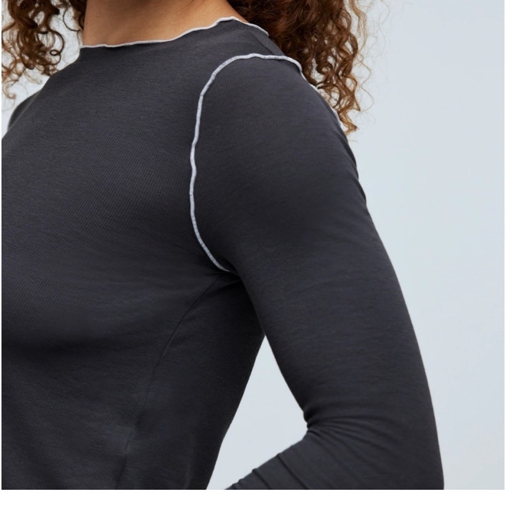New Madewell Contrast Stitched Crewneck Crop Lightweight Tee Shirt Black Coal M - Picture 2 of 11